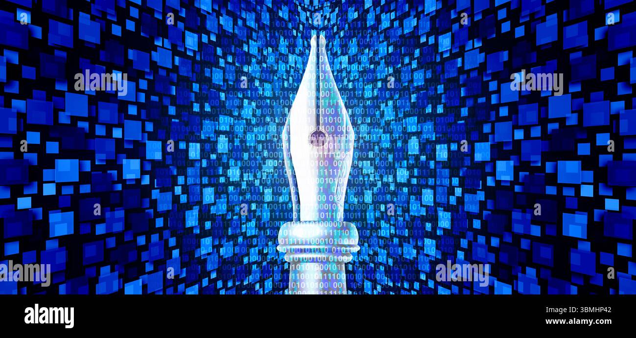 AI and Publishing conceptual old pen nib against a blue binary code background symbolizing artificial intelligence disrupting publishing journalism, a Stock Photo
