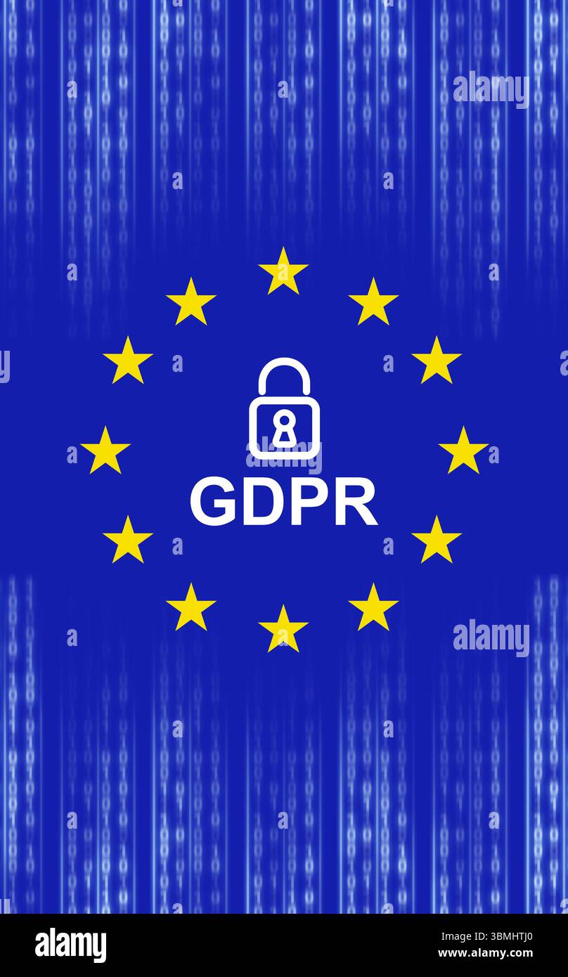 GDPR emblem is standing out in flat digital illustration, with binary code streams and padlock icon Stock Photo