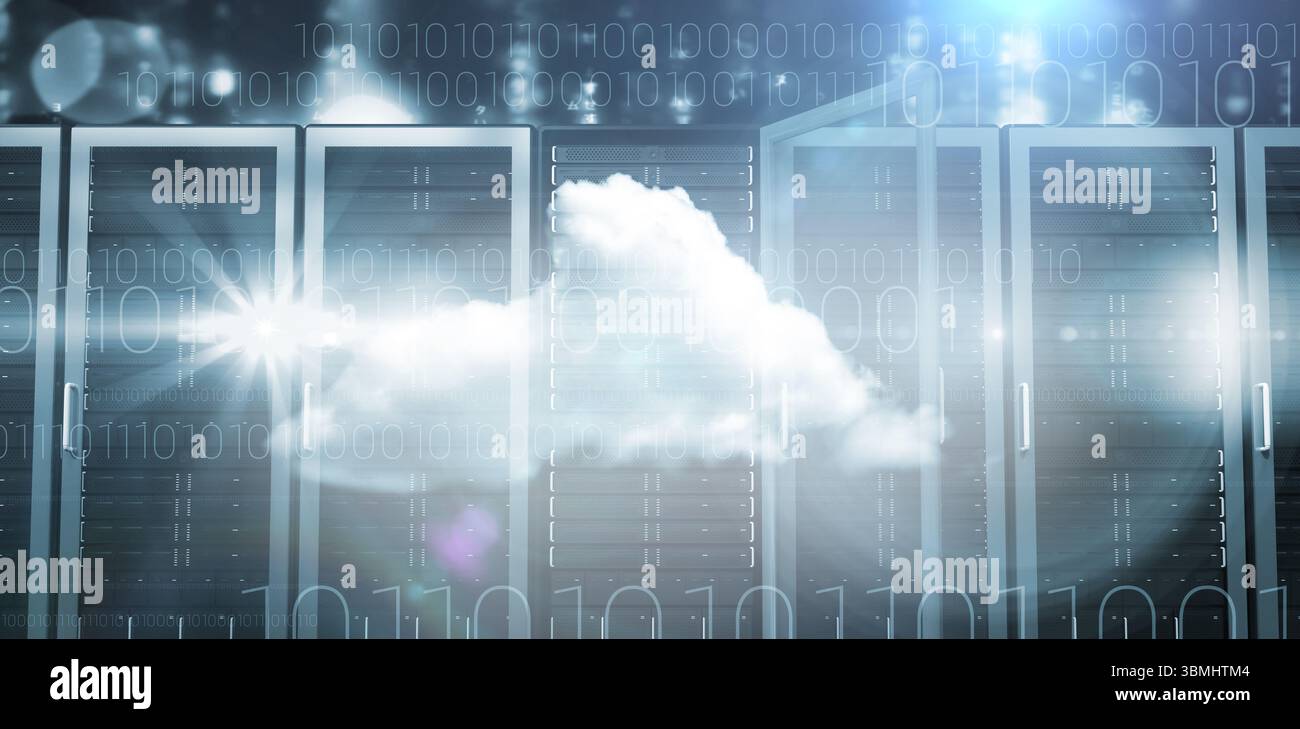Cloud icon is floating and glowing above server cabinets with status LEDs overlaying binary code Stock Photo