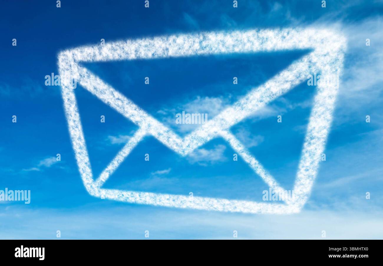 Flat design cloud envelope icon is floating against bright blue sky with wispy clouds, copy space Stock Photo
