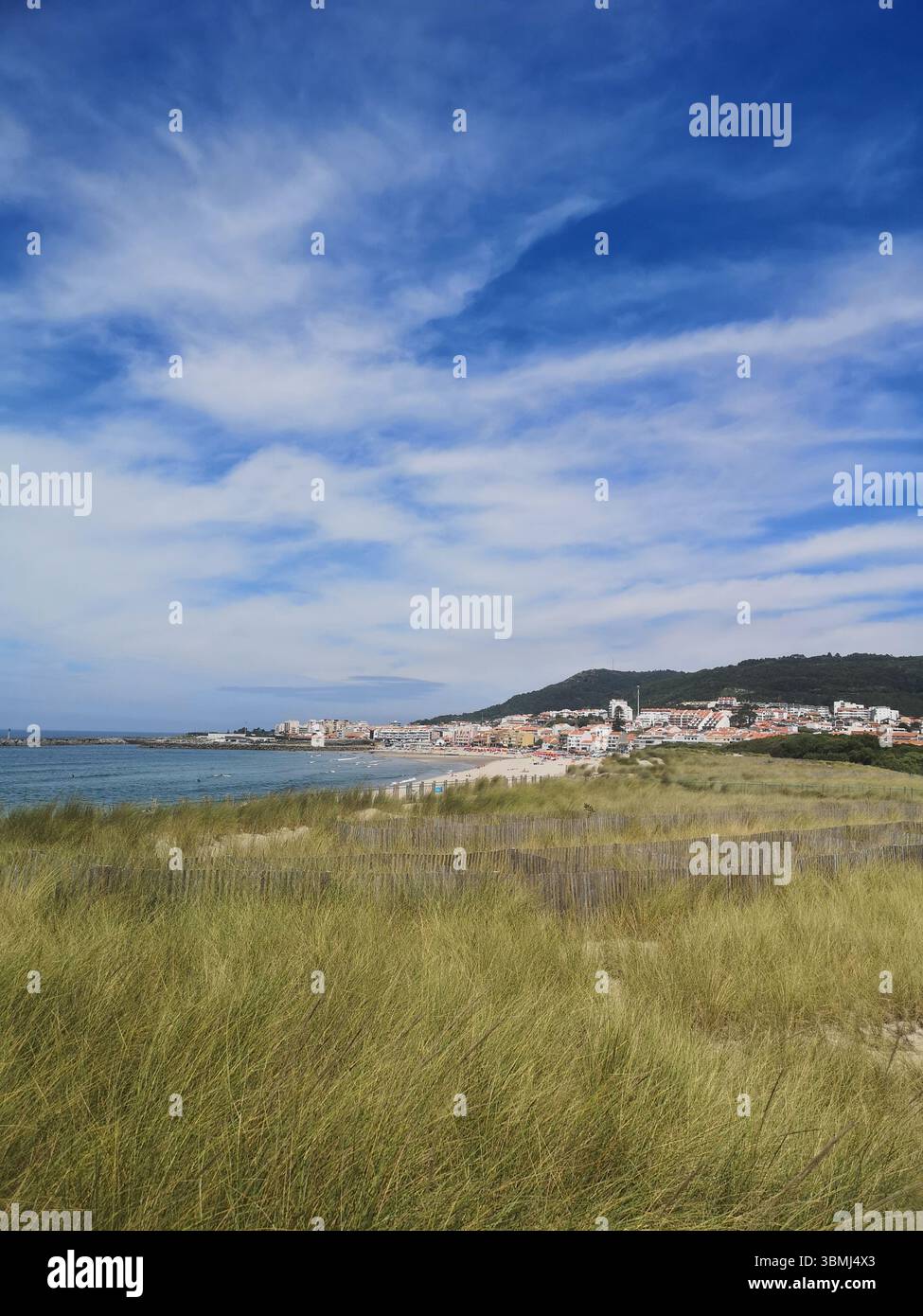 Scenic view of Moledo, a coastal village in northern Portugal, seen from the sand dunes with tall grasses under a vibrant blue sky and soft clouds. - Smartphone Captured Stock Image