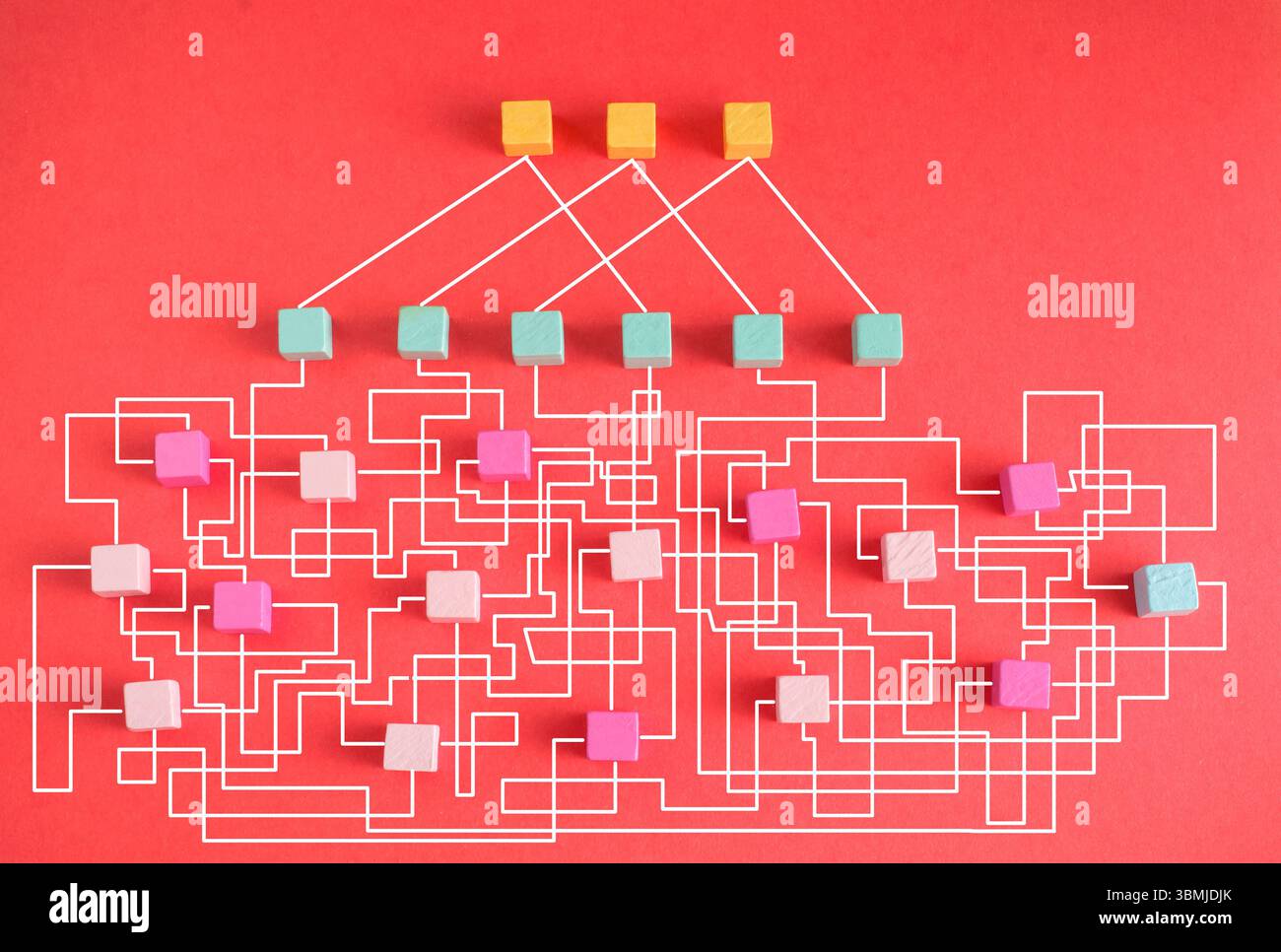 complex messy management, organization and innovation, chaotic decision tree, complicated business process Stock Photo