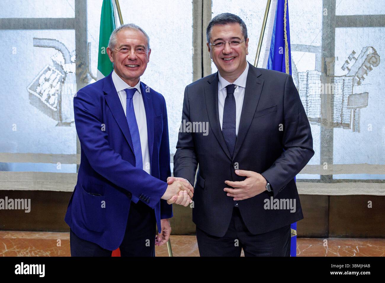 Roma, Italia. 27th June, 2025. Il ministro delle Imprese Adolfo Urso (sx) e il commissario europeo per i Trasporti e il Turismo sostenibile Apostolos Tzitzikostas durante l'incontro al Mimit, Roma, Venerdì 27 Giugno 2025 (Foto Roberto Monaldo/LaPresse) Minister of Enterprises Adolfo Urso (left) and European Commissioner for Transport and Sustainable Tourism Apostolos Tzitzikostas during the meeting, Rome, Friday June 27, 2025 (Photo by Roberto Monaldo/LaPresse) Credit: LaPresse/Alamy Live News Stock Photo