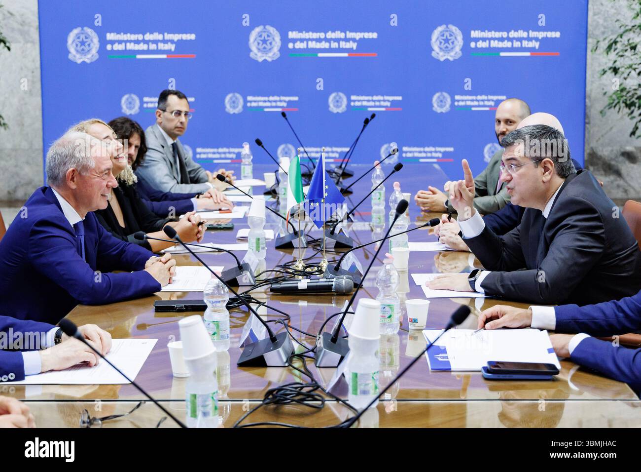 Roma, Italia. 27th June, 2025. Il ministro delle Imprese Adolfo Urso (sx) e il commissario europeo per i Trasporti e il Turismo sostenibile Apostolos Tzitzikostas durante l'incontro al Mimit, Roma, Venerdì 27 Giugno 2025 (Foto Roberto Monaldo/LaPresse) Minister of Enterprises Adolfo Urso (left) and European Commissioner for Transport and Sustainable Tourism Apostolos Tzitzikostas during the meeting, Rome, Friday June 27, 2025 (Photo by Roberto Monaldo/LaPresse) Credit: LaPresse/Alamy Live News Stock Photo