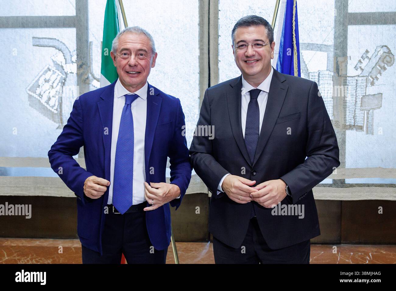Roma, Italia. 27th June, 2025. Il ministro delle Imprese Adolfo Urso (sx) e il commissario europeo per i Trasporti e il Turismo sostenibile Apostolos Tzitzikostas durante l'incontro al Mimit, Roma, Venerdì 27 Giugno 2025 (Foto Roberto Monaldo/LaPresse) Minister of Enterprises Adolfo Urso (left) and European Commissioner for Transport and Sustainable Tourism Apostolos Tzitzikostas during the meeting, Rome, Friday June 27, 2025 (Photo by Roberto Monaldo/LaPresse) Credit: LaPresse/Alamy Live News Stock Photo