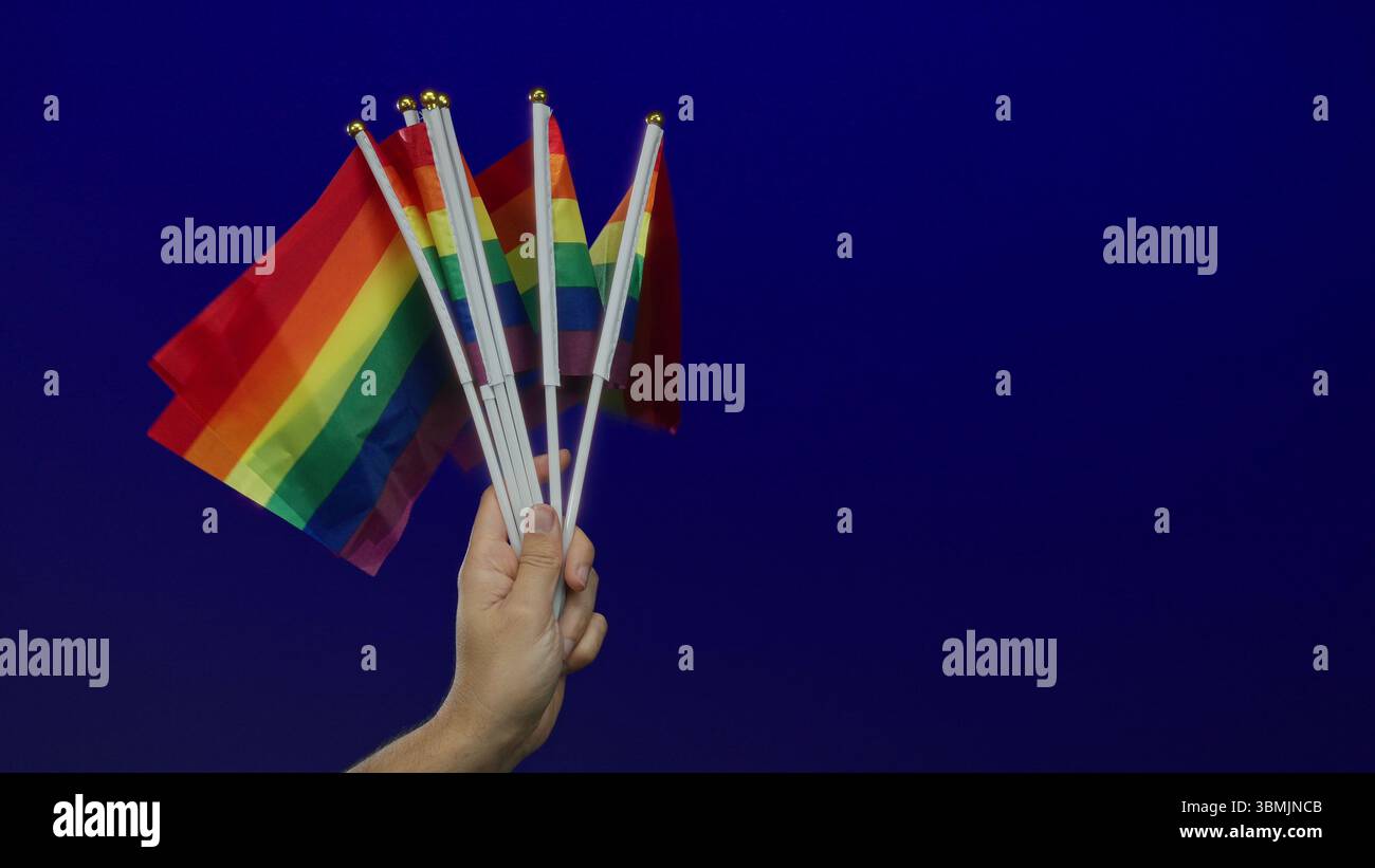 Caucasian man's hand holding multiple rainbow pride flags against a ...