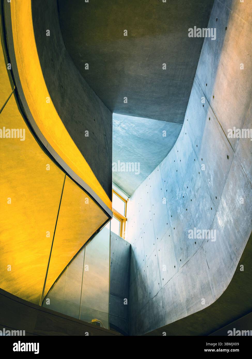 looking up Abstract view of modern architecture Scottish Parliament Building, Edinburgh with curved concrete and glass elements - Smartphone Captured Stock Image