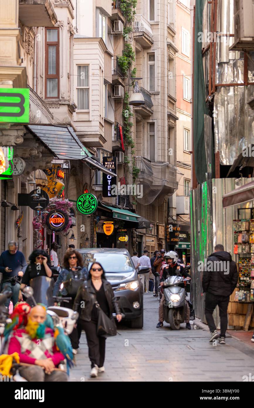 Istanbul, Turkiye - May 12, 2025: View from Beyoglu streets, generic architecture in the most crowded and popular district of Istanbul. Stock Photo
