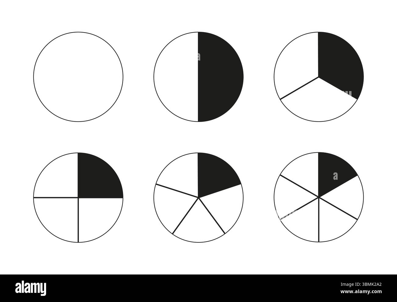 Round divided diagrams with from one to six segments. Circle division on from 1 to 6 equal parts. Coaching blanks. Infographic set. Pizza, pie charts Stock Vector
