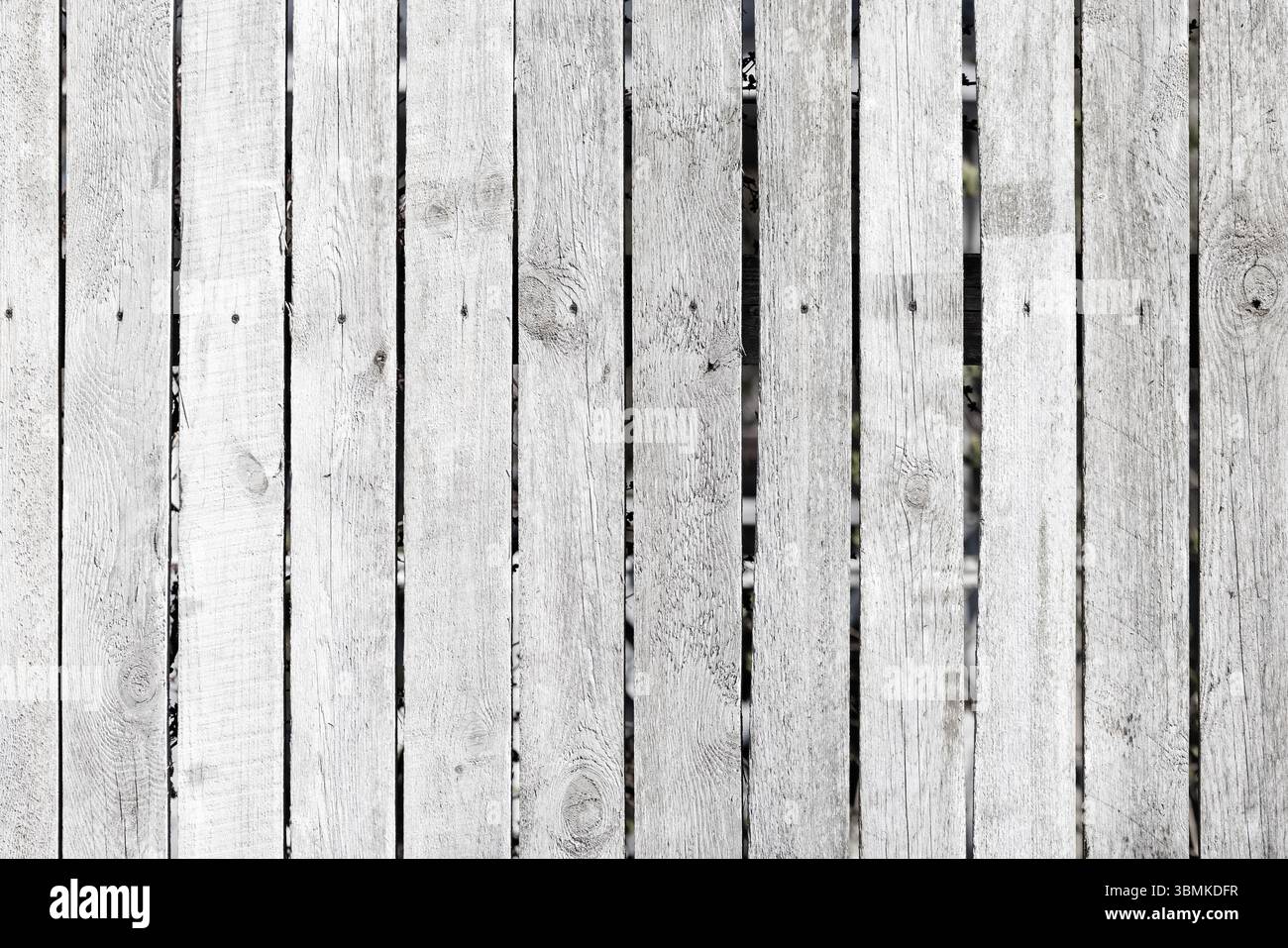 Vertical white wooden fence panels display a rustic texture and natural ...