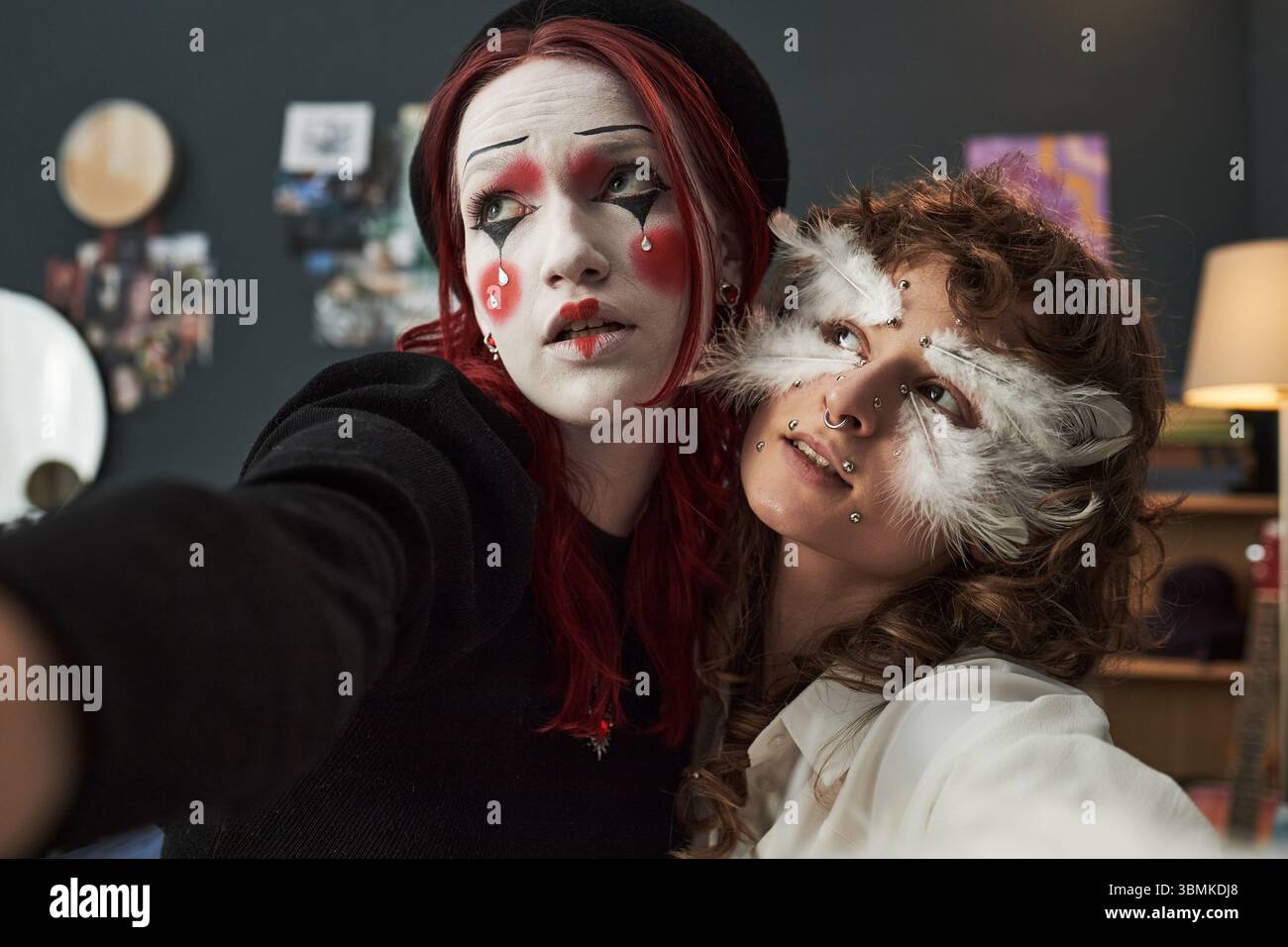 two-creative-gen-z-girls-one-caucasian-teenager-with-dramatic-clown