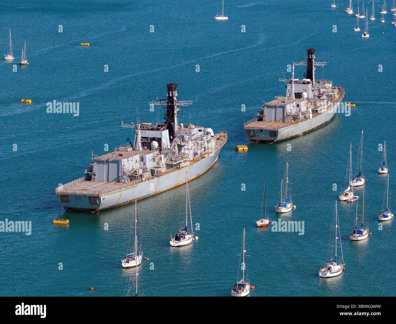 The decommissioned Type 23 frigates Northumberland and Montrose laid-up awaiting disposal in Portsmouth Harbour. Stock Photo
