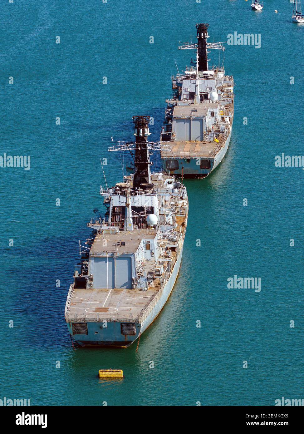The decommissioned Type 23 frigates Northumberland and Montrose laid-up awaiting disposal in Portsmouth Harbour. Stock Photo