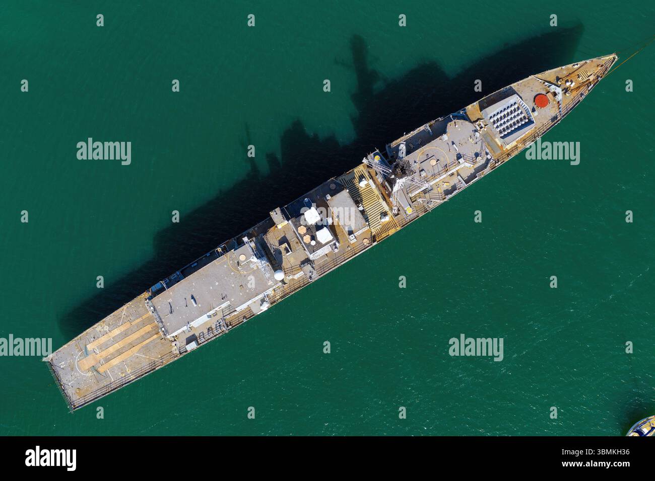 A birds-eye view of the decommissioned Type 23 frigate ex-HMS Northumberland awaiting disposal in Portsmouth Harbour. Stock Photo