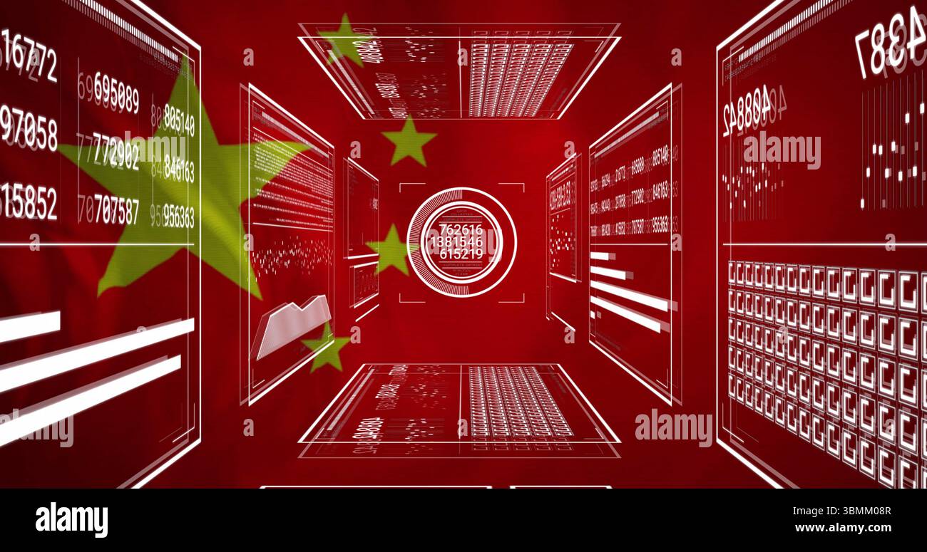 Chinese flag elements with digital data and analytics in image on red background Stock Photo