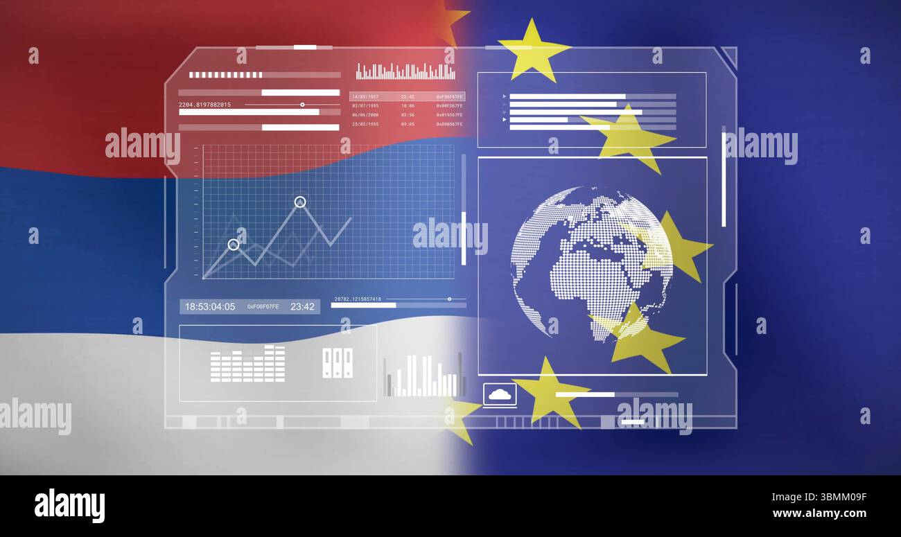 Serbian and EU flags with digital data and globe image overlay Stock ...