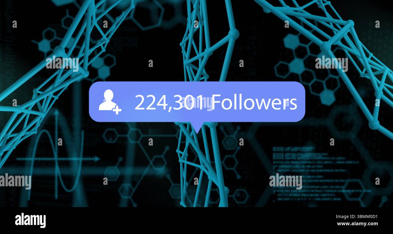 Digital follower count notification over DNA strands and binary coding image Stock Photo