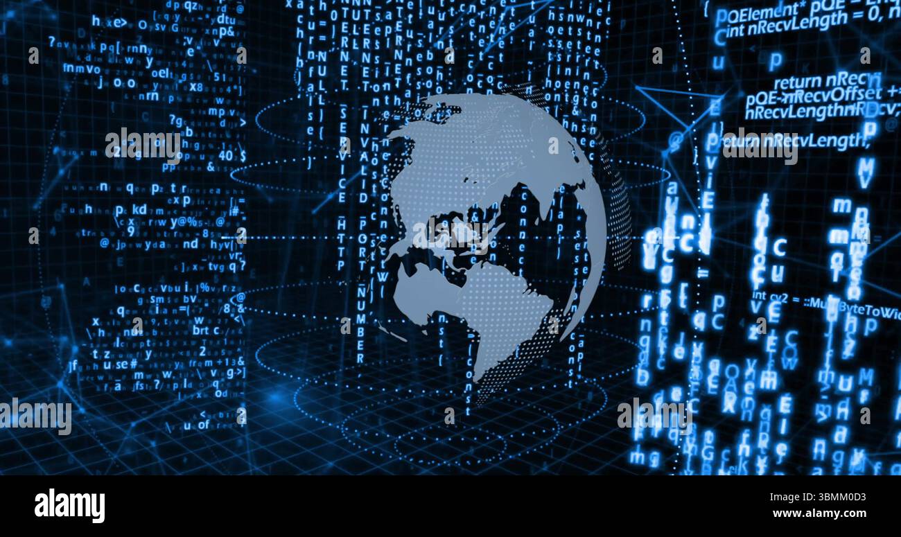 Image of digital globe with binary code and programming language elements Stock Photo