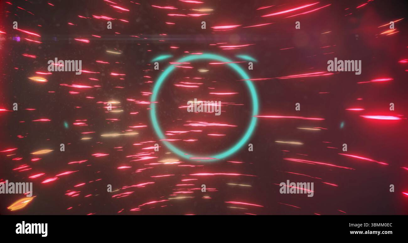 Animating glowing red and teal circular patterns, creating dynamic light trails Stock Photo