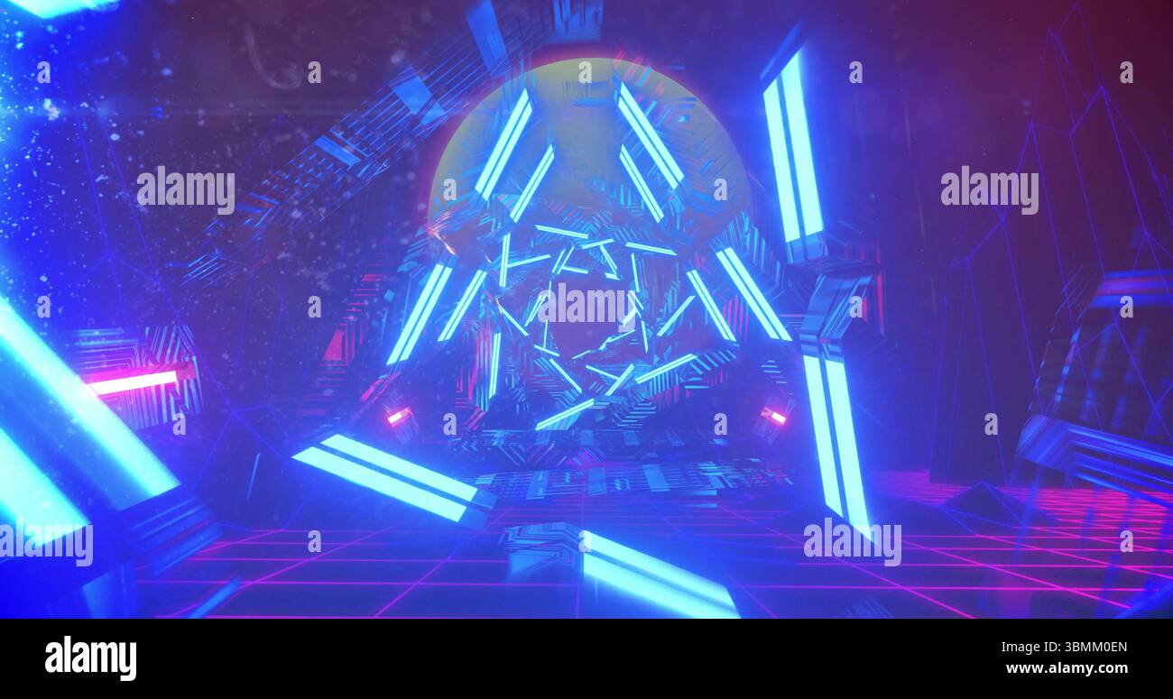 Glowing neon tunnel with blue and pink geometric patterns, creating image effect Stock Photo