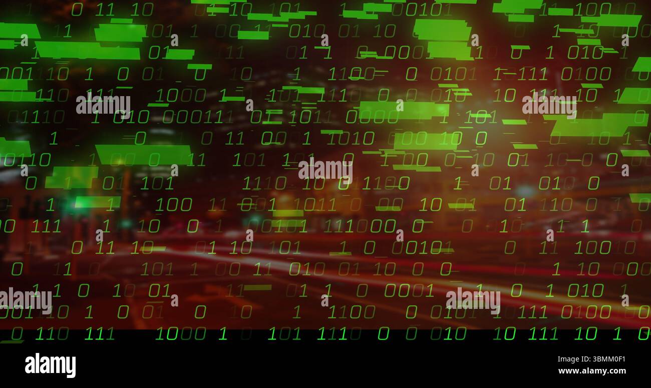 Image of binary code with green data blocks overlaying cityscape at night Stock Photo