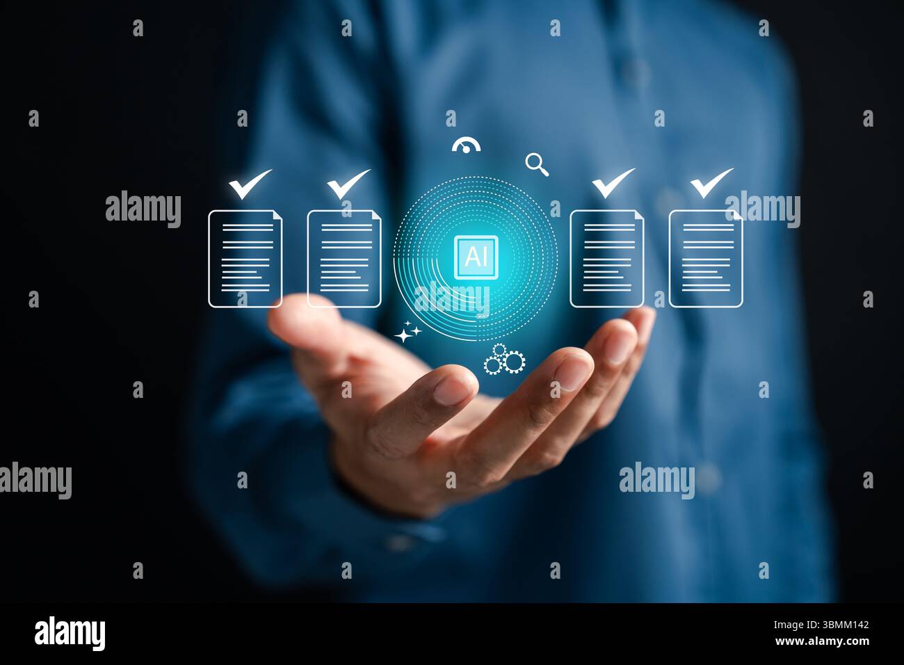 AI technology automates document verification for accuracy and compliance. Stock Photo