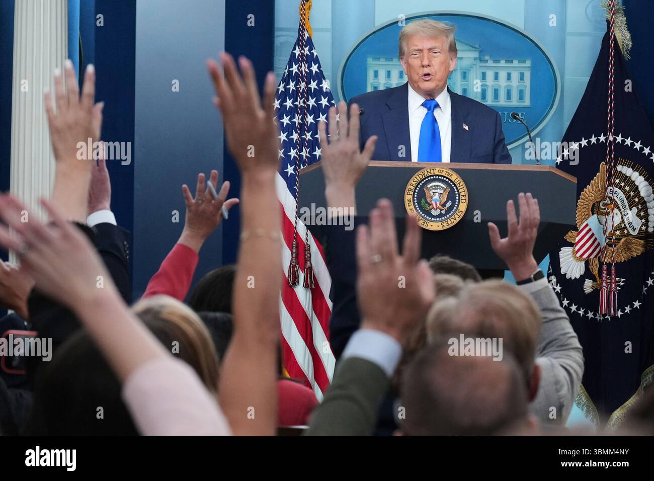 President Donald Trump speaks to the media, Friday, June 27, 2025, in the briefing room of the White House in Washington. (AP Photo/Jacquelyn Martin) Stock Photo