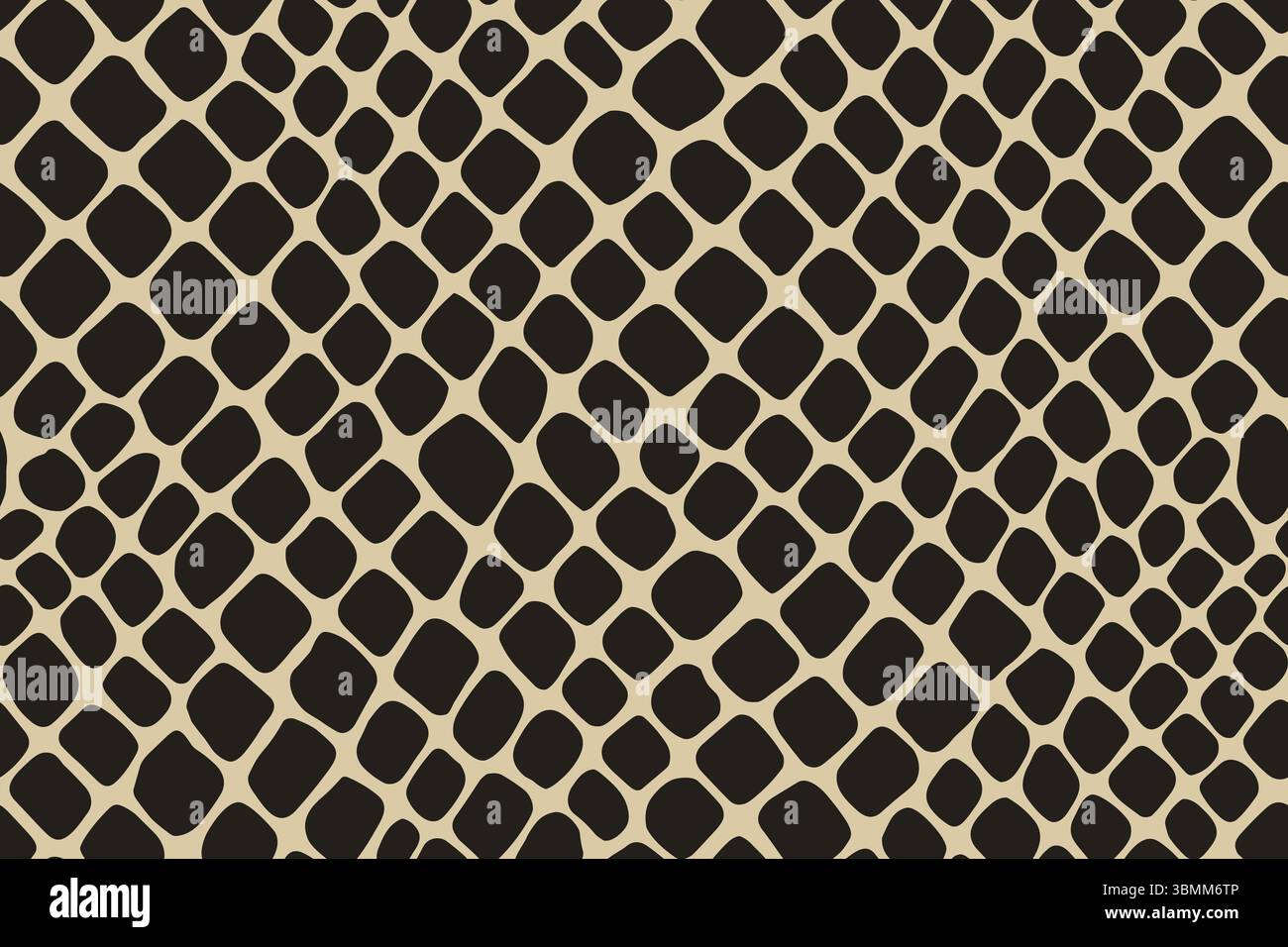 Seamless snake skin pattern featuring uniform rounded black scales on beige color background. Stock Vector