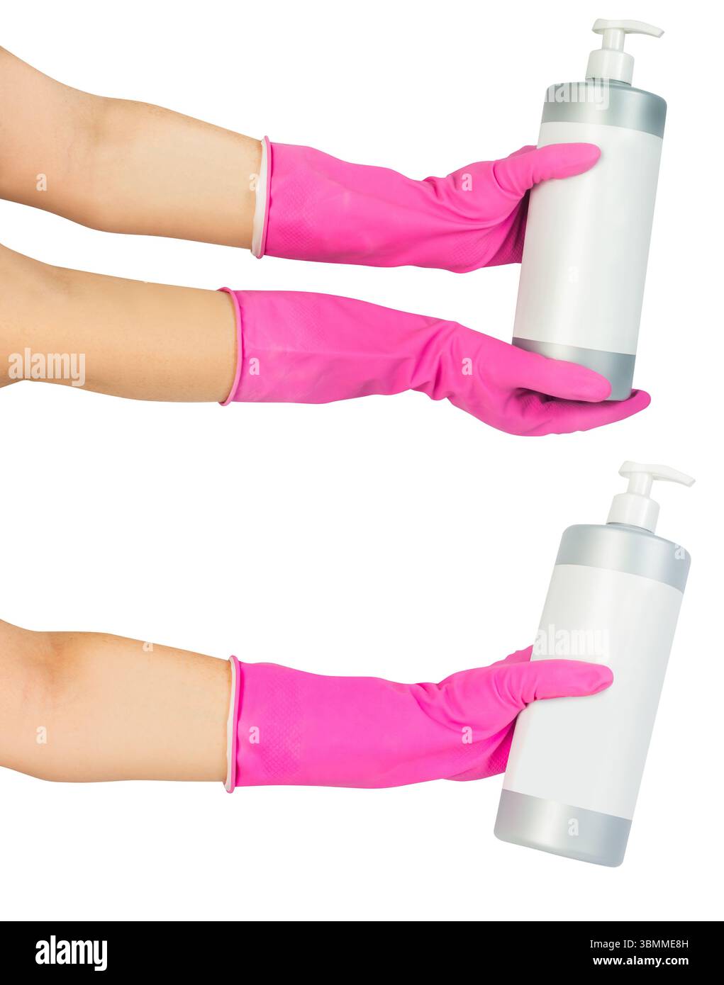 Isolated photo of female hand in pink rubber gloves holding dispenser ...
