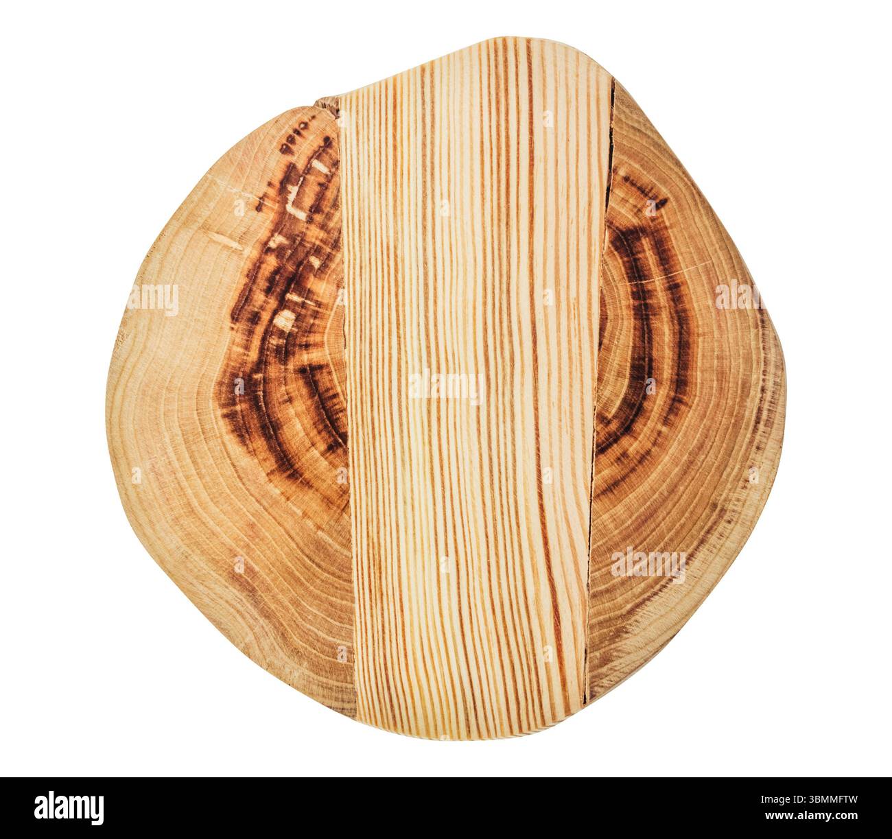 Isolated photo of decorative wooden stump plate with copyspace on white background. Stock Photo