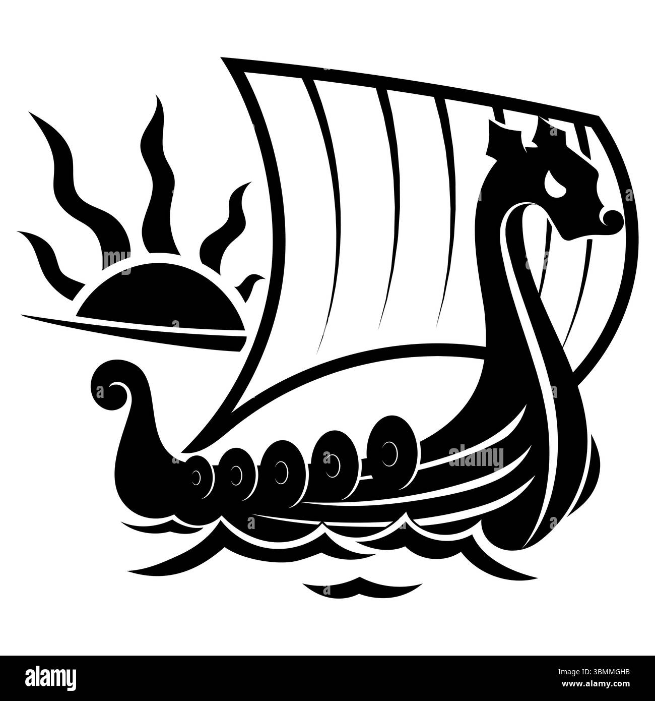 Scandinavian Viking design. Viking ship Drakkar sails on the waves of the stormy sea Stock Vector