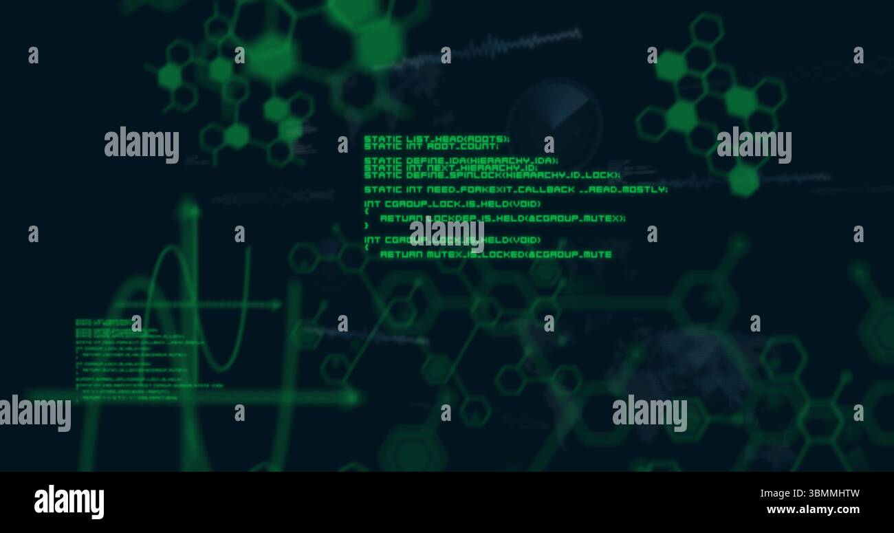 Displaying green code executing on digital interface, with molecular diagrams and waveform graph Stock Photo