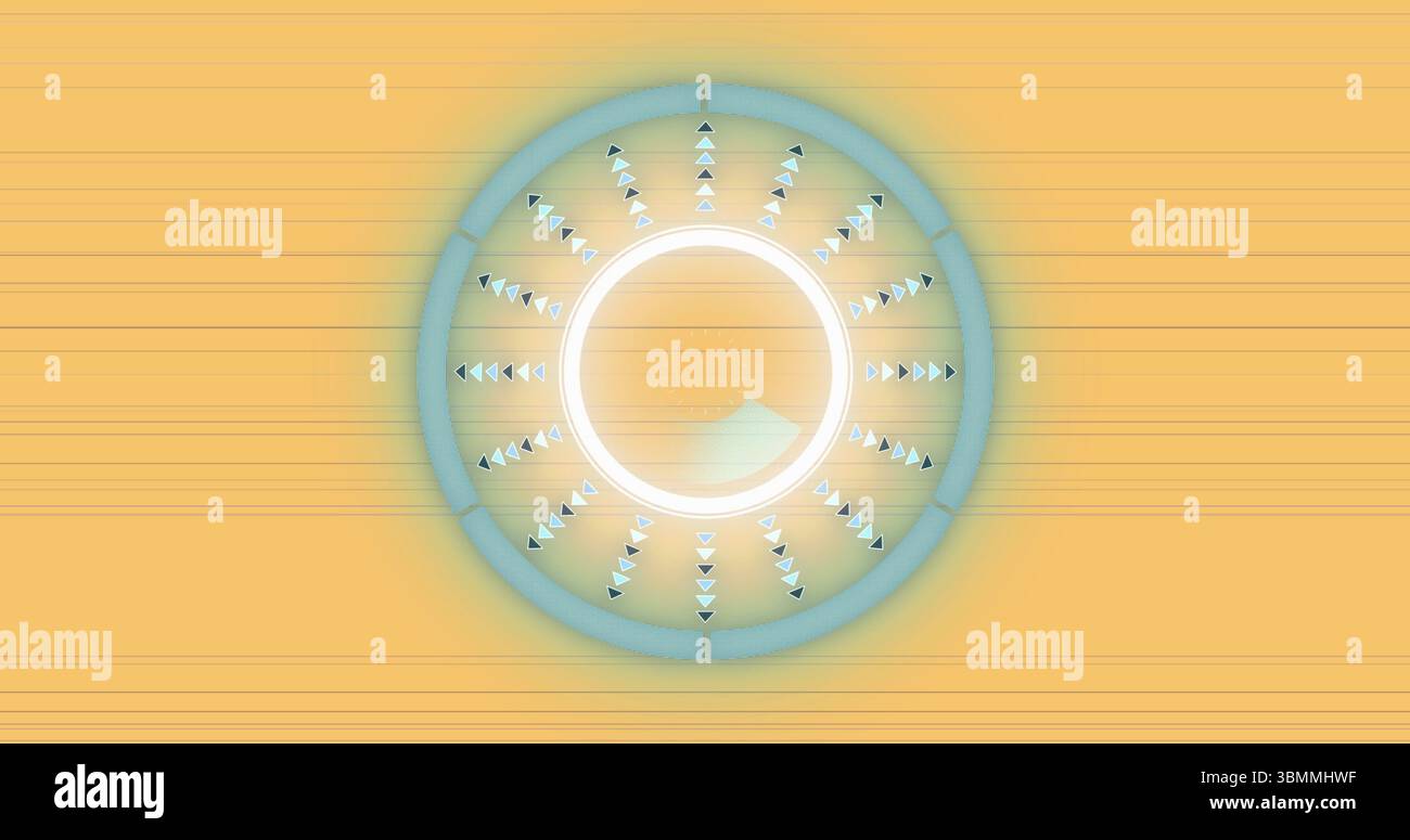 Displaying concentric rings rotating over warm gradient interface, with radial arrowheads Stock Photo
