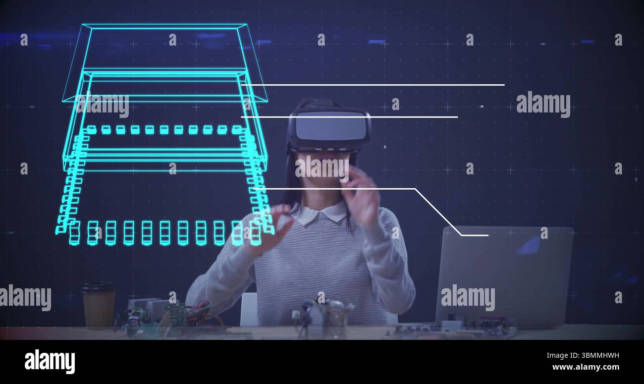 Person using virtual reality headset with digital circuit board image overlay Stock Photo