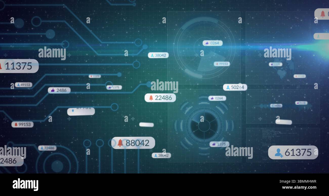 Displaying two circular HUD elements glowing on holographic dashboard, showing numeric data nodes Stock Photo