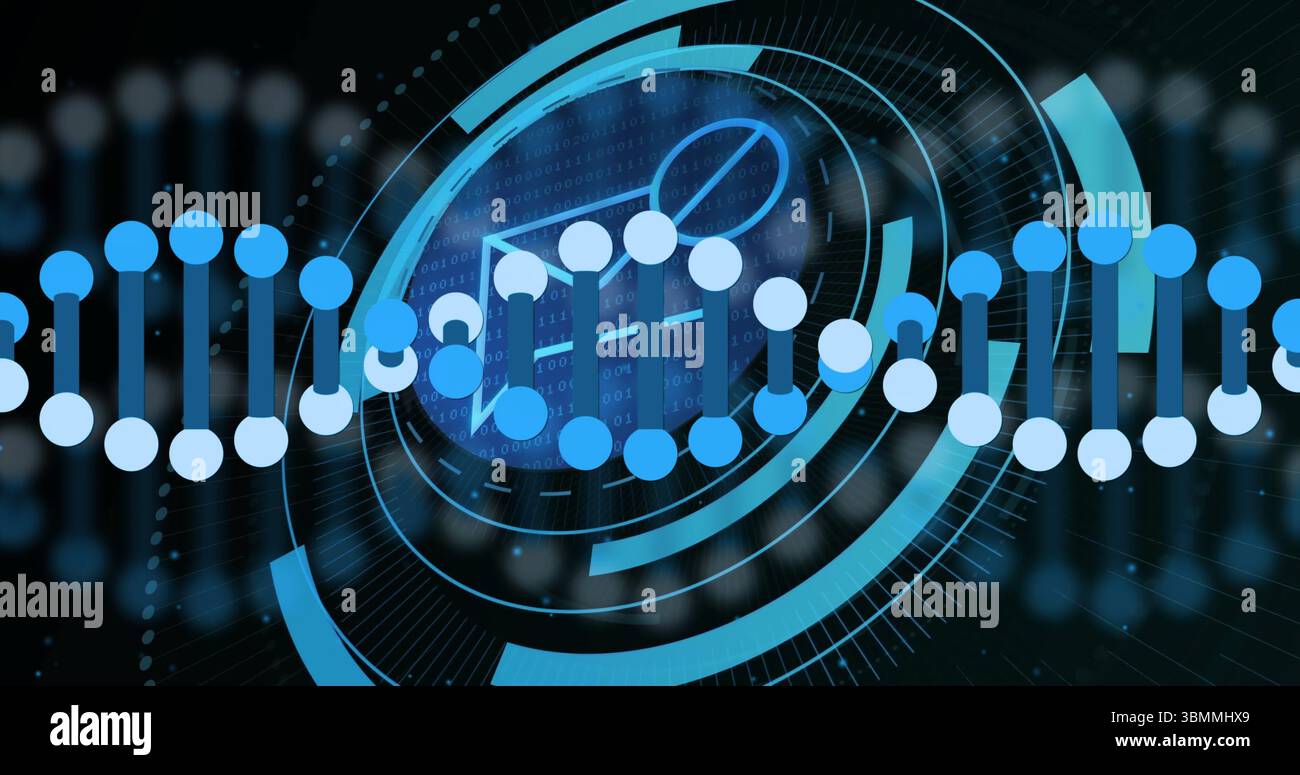 Displaying stylized DNA helix in virtual interface, with HUD rings, binary streams and radial grids Stock Photo