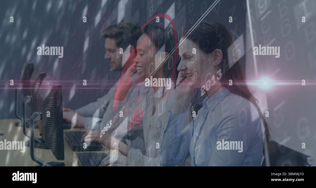 Working support agents talking through headsets and typing on keyboards at office, code overlay Stock Photo