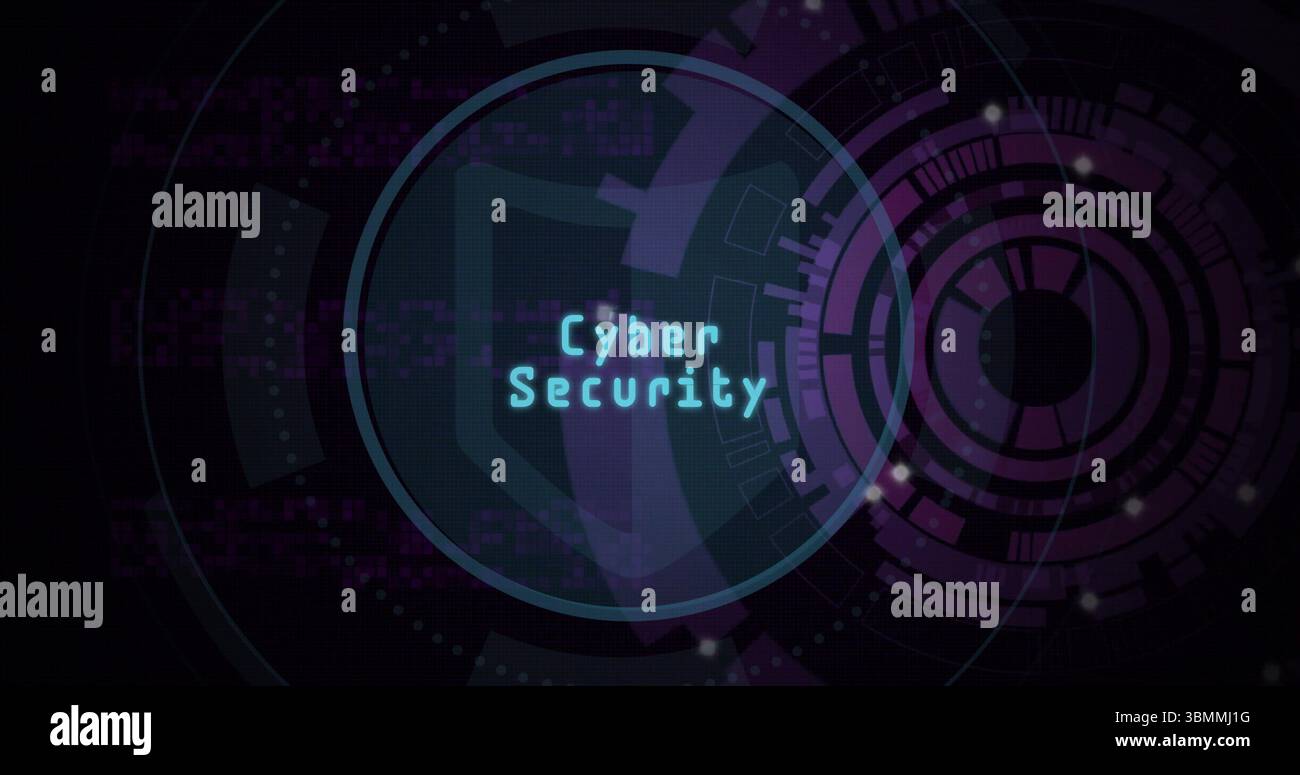 Pixelated Cyber Security within glowing cyan circular frame pulsing in digital UI, with UI elements Stock Photo