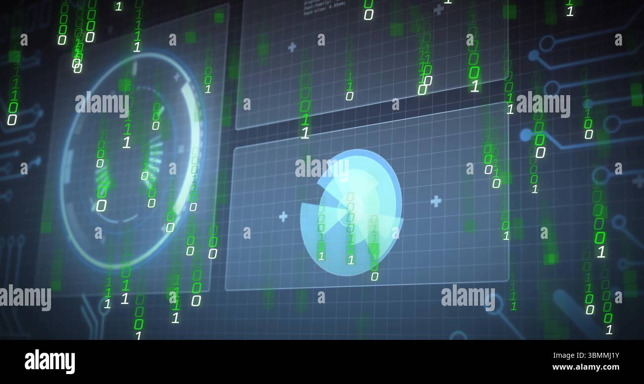 Projecting HUD element floating in control interface, with binary code streams, panels, grid Stock Photo