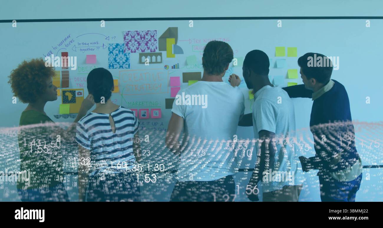 Collaborating five colleagues using whiteboard with sticky notes ...