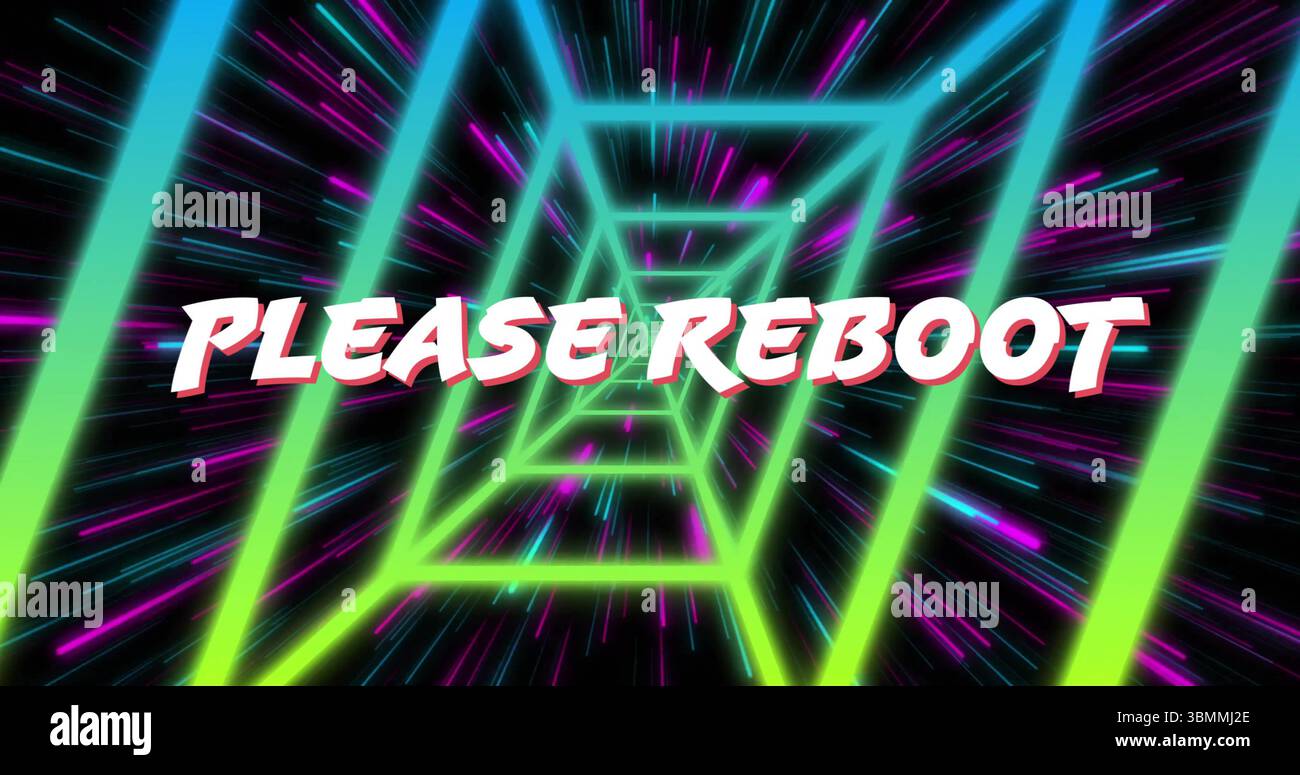 Displaying bold 3D PLEASE REBOOT text glowing inside neon tunnel, showcasing futuristic interface Stock Photo