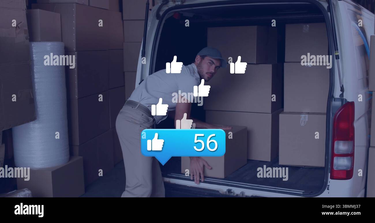 Bending mover lifting box in loading bay, with van, bubble wrap and floating icons showing 56 Stock Photo