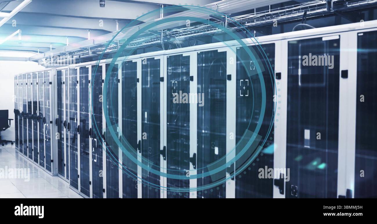 Glass-front server racks with black handles lining data center corridor ...