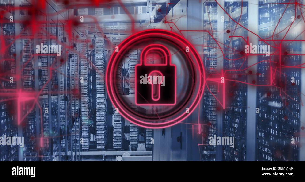 Cybersecurity image with red lock symbol over data servers for protection Stock Photo