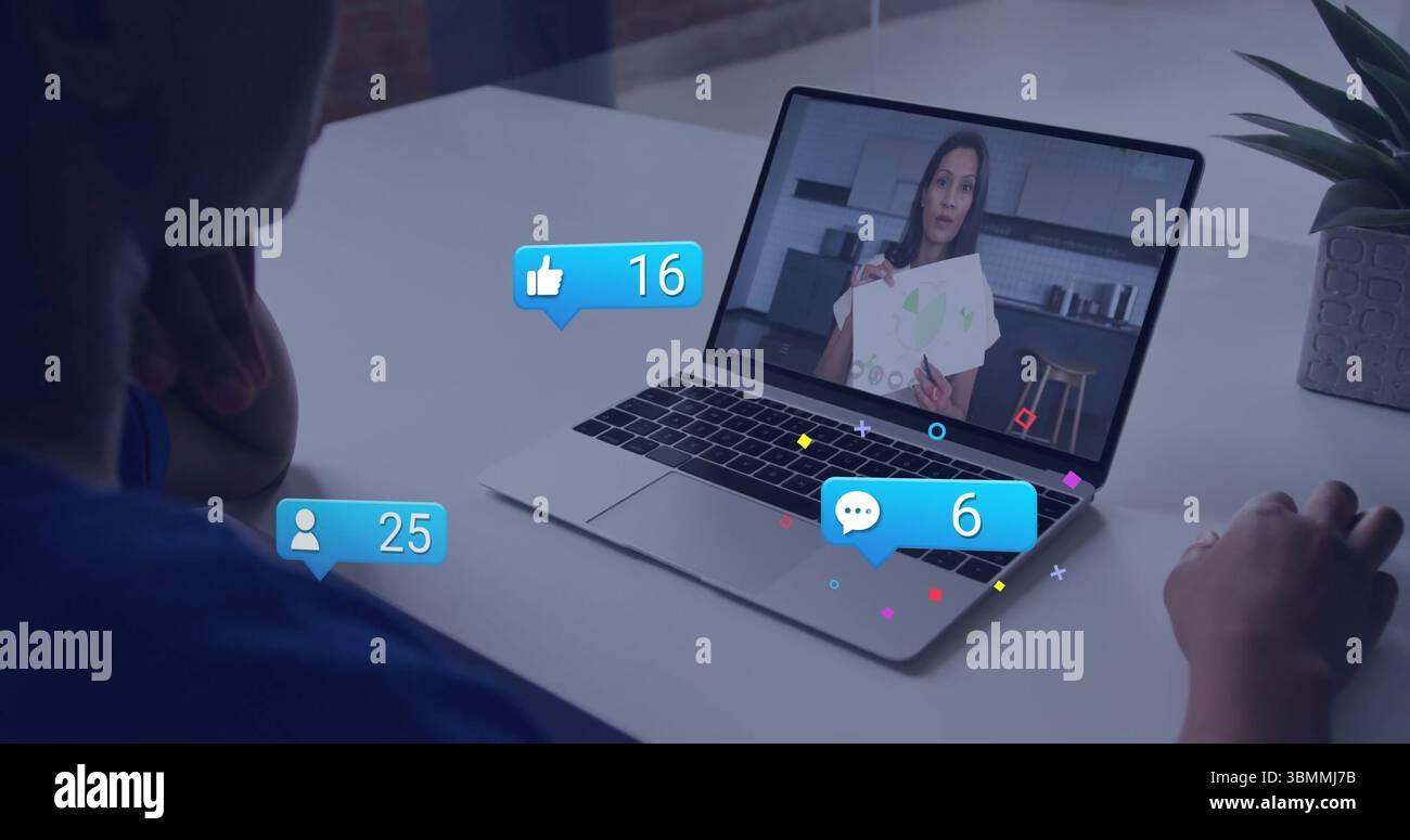 Watching image on laptop, person receiving notifications in school ...