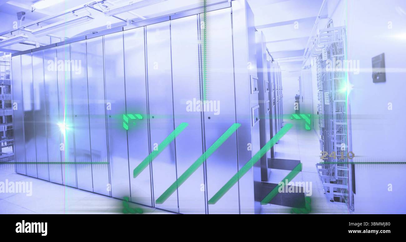 Data processing image over modern server room with glowing green lines Stock Photo