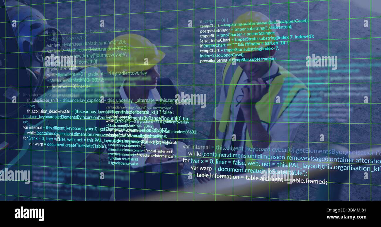 Reviewing plans, construction workers with digital image overlay on site Stock Photo