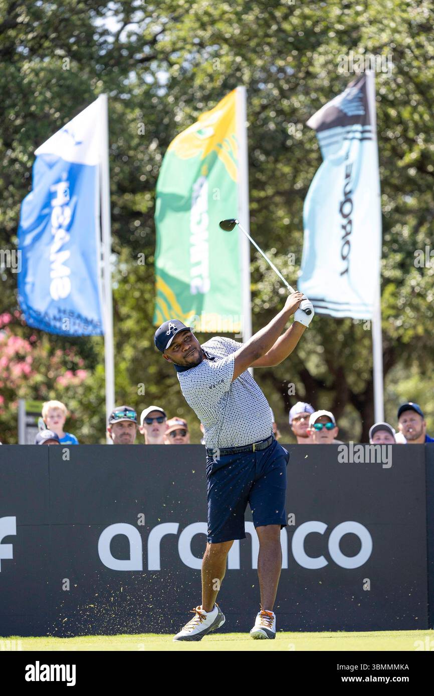 Harold Varner III of 4Aces GC hits his shot from the 10th tee during ...
