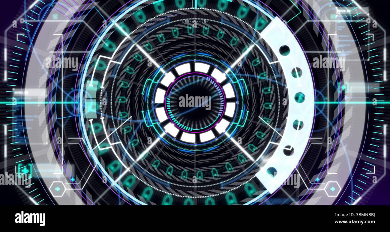 Displaying holographic interface rotating concentric rings on digital display, with binary code Stock Photo