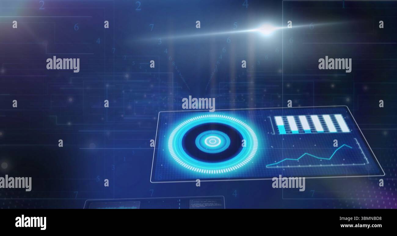 Floating holographic panel in interface, with gauge, bar chart, line graph and digits, copy space Stock Photo